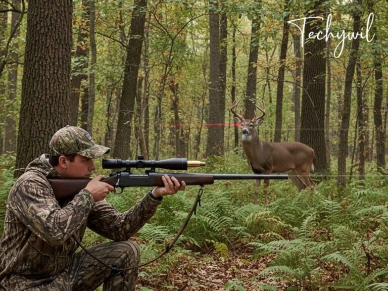 Hunter aiming a rifle in the forest with a deer in the background, illustrating the practical use of 350 Legend ballistics for hunting