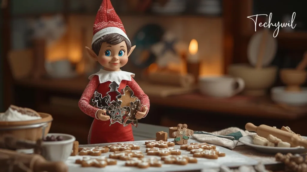 A toy elf in a red outfit stands at a kitchen counter holding gingerbread cookie cutters, with decorated cookies and baking supplies around.