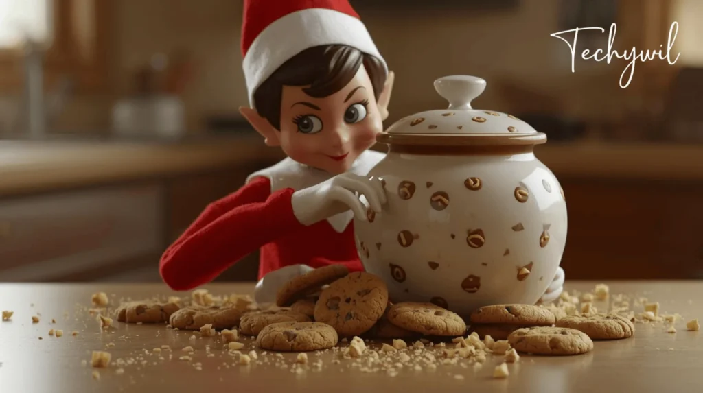A small elf with pointed ears and a playful expression is sitting next to a jar filled with cookies in a cozy kitchen setting.