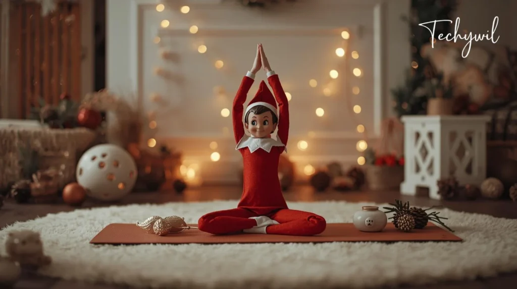 An elf on the shelf is positioned in a yoga pose, surrounded by Christmas decorations including a tree and ornaments. The setting is indoors with red wall accents.