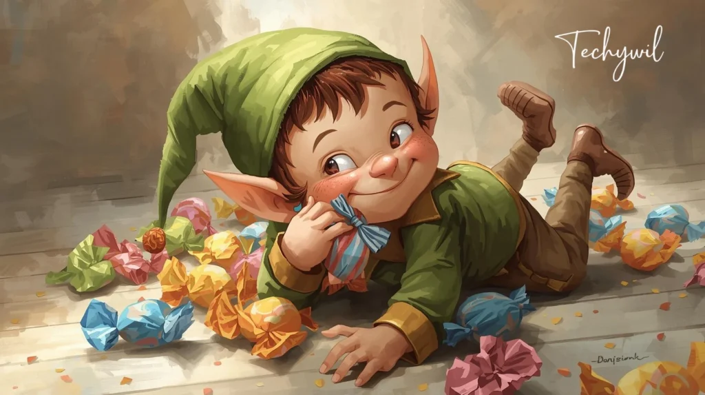 Elf joyfully eating candy, surrounded by colorful candies.