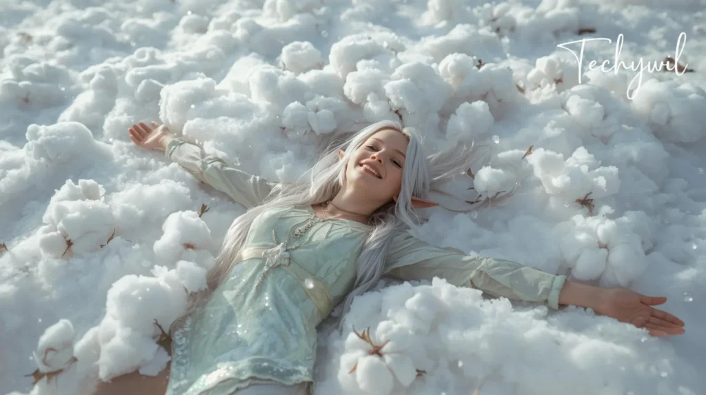 A woman lying in the snow, surrounded by a winter landscape.