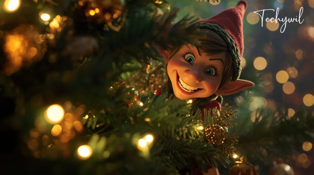 A festive scene featuring an elf hidden among Christmas tree branches, adorned with golden ornaments and twinkling lights.