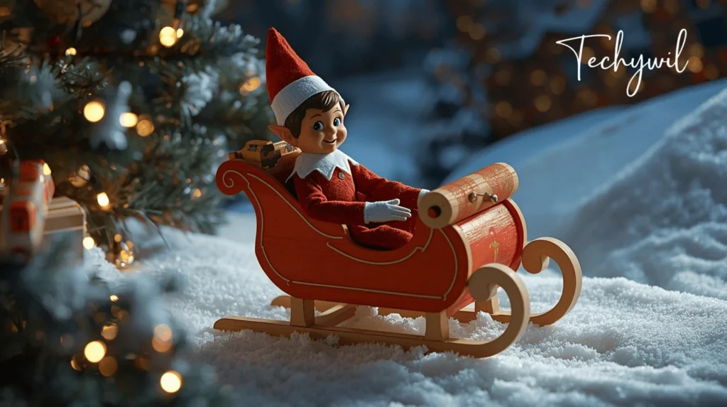 A toy elf sitting in a red sleigh decorated with Christmas ornaments, surrounded by a snowy outdoor scene with a Christmas tree.