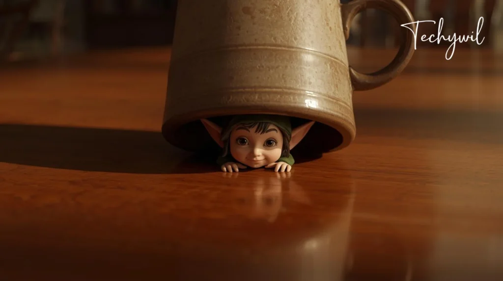 A small elf figurine is positioned behind a coffee mug on the floor, with a vase visible in the background.
