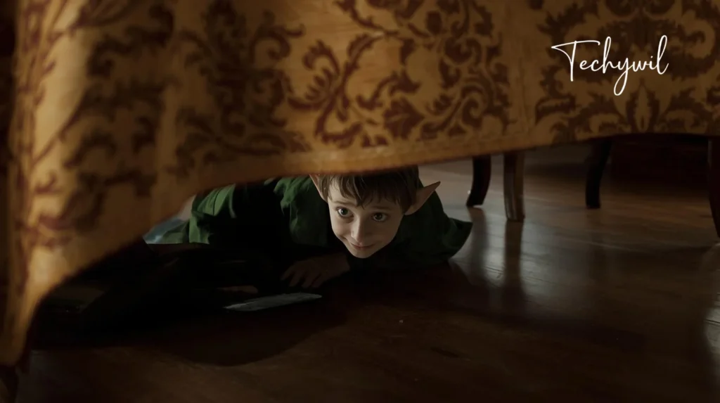 Elf lying on the floor underneath a table in an indoor setting.