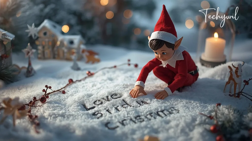A toy elf sitting on a snowy surface, writing in the snow with its tiny hands. In the background, there are hints of a Christmas tree and a snowman. The scene is set outdoors during winter.