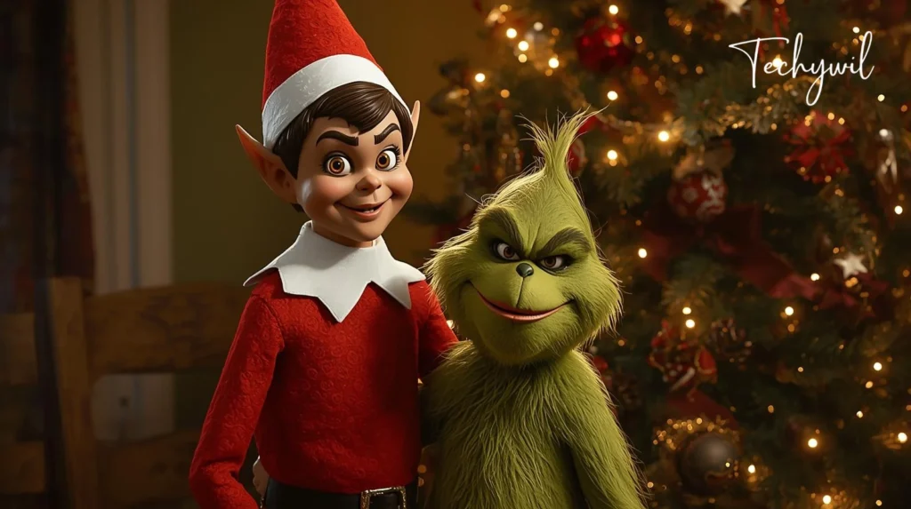 A toy elf and a green character, both decorated for the holiday season, are positioned in front of a beautifully adorned Christmas tree. The elf has a cheerful expression and is dressed in traditional holiday attire, while the green character features cartoonish traits. They serve as festive ornaments among various decorations indoors.
