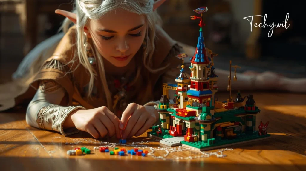 A girl is playing with colorful Lego bricks on a table indoors.