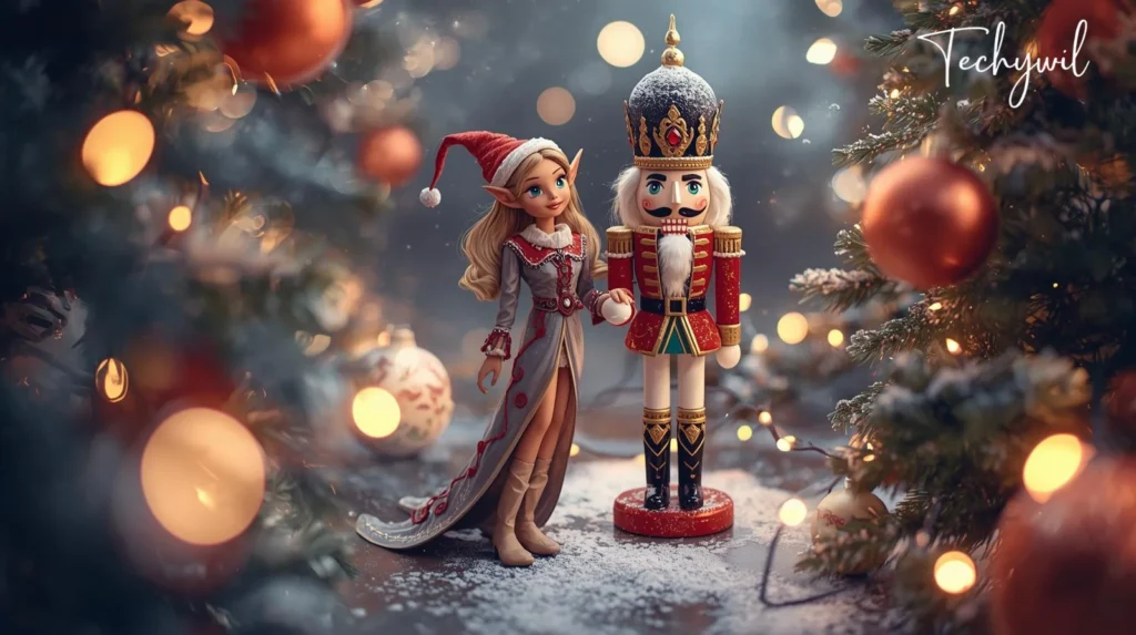 A toy figurine of a nutcracker stands beside a girl, both set against a backdrop of a Christmas tree adorned with various decorations and ornaments.