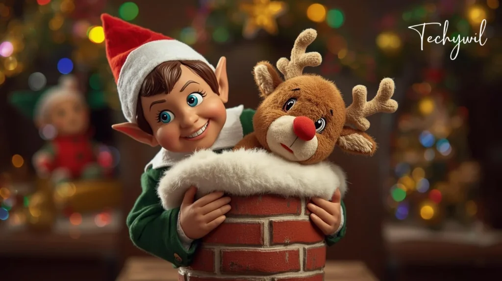 A toy elf is hugging a stuffed reindeer while sitting in a chimney, surrounded by Christmas decorations.