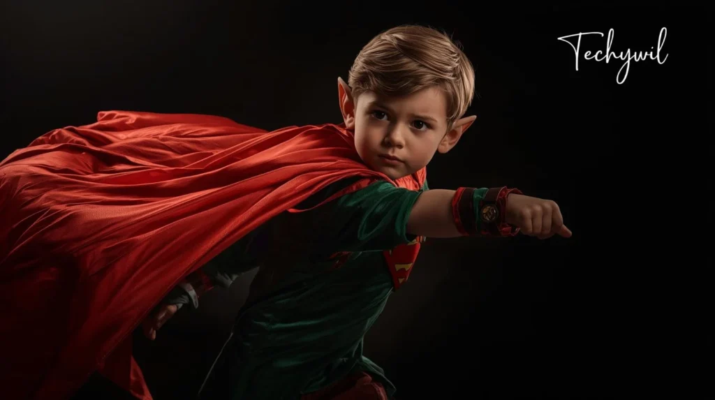 Elf wearing a superhero costume, dancing indoors with a black background. His face is visible, and he appears to be enjoying the moment.