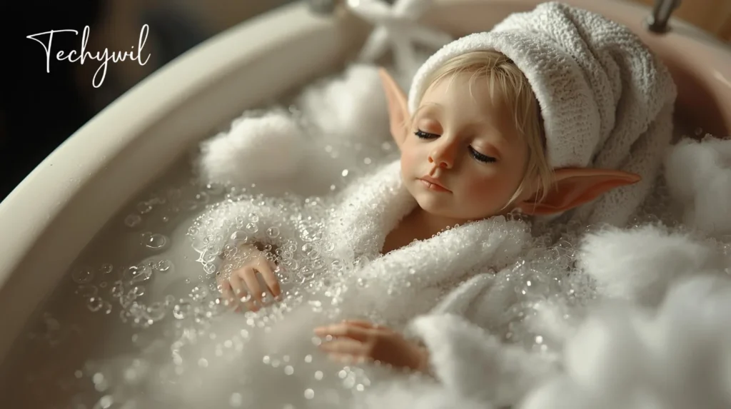 A baby happily sitting in a bathtub filled with water, splashing playfully in a bright bathroom setting.
