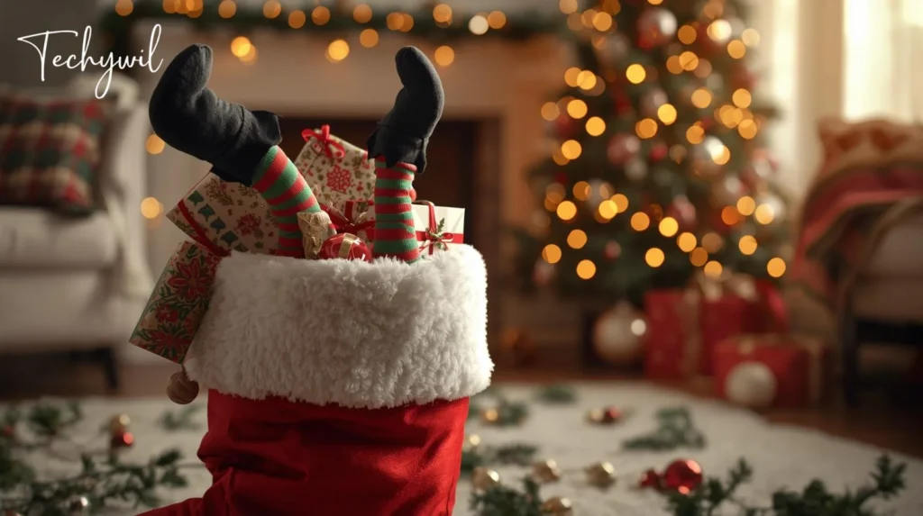 Elf is playfully situated inside a large red Christmas stocking, surrounded by festive decorations including a Christmas tree, colorful lights, and holiday ornaments in a cozy indoor setting.