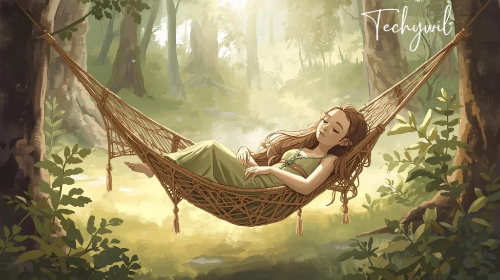A cartoon image depicting a woman lounging comfortably in a hammock, surrounded by a lush outdoor setting.