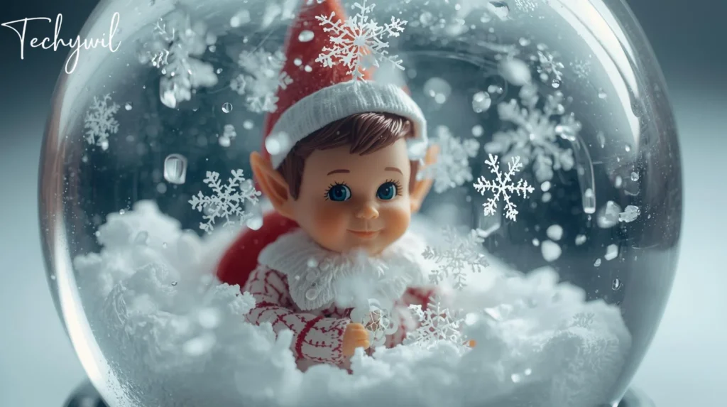 A toy elf with a cheerful expression surrounded by fluffy snow, sitting indoors. The scene has winter-themed elements like bubbles and festive decorations.
