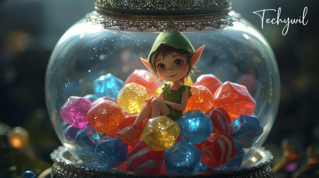 A toy elf sitting inside a clear jar filled with various colorful candies.