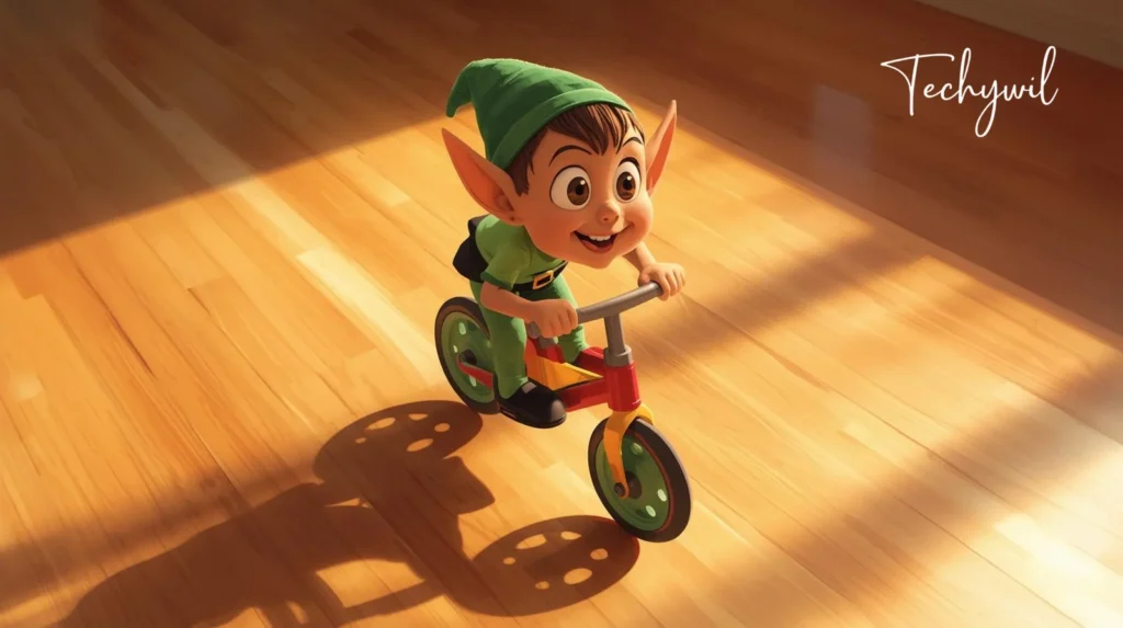 A cheerful toy elf with a bright red outfit and pointy hat is riding a colorful tricycle. The tricycle features large wheels and a fun design, set against a playful background.