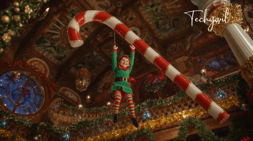 An elf in green attire hangs from a large red and white candy cane, surrounded by festive decorations and twinkling lights.