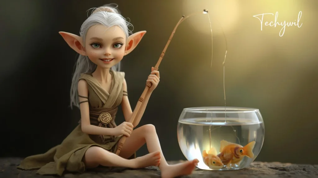 A doll is sitting indoors, holding a fishing pole with a fish in a bowl beside it.