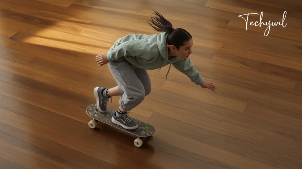 A woman riding a skateboard on a smooth surface, showcasing her skating skills. She is dressed in casual clothing and wearing appropriate footwear for skateboarding. The scene captures the dynamic movement of skateboarding, highlighting the sport's energy and style.
