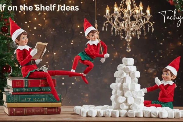 A group of elves sitting on top of stacked books, with a chandelier hanging above them, surrounded by festive Christmas decorations and lights.