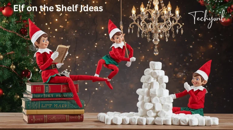 A group of elves sitting on top of stacked books, with a chandelier hanging above them, surrounded by festive Christmas decorations and lights.