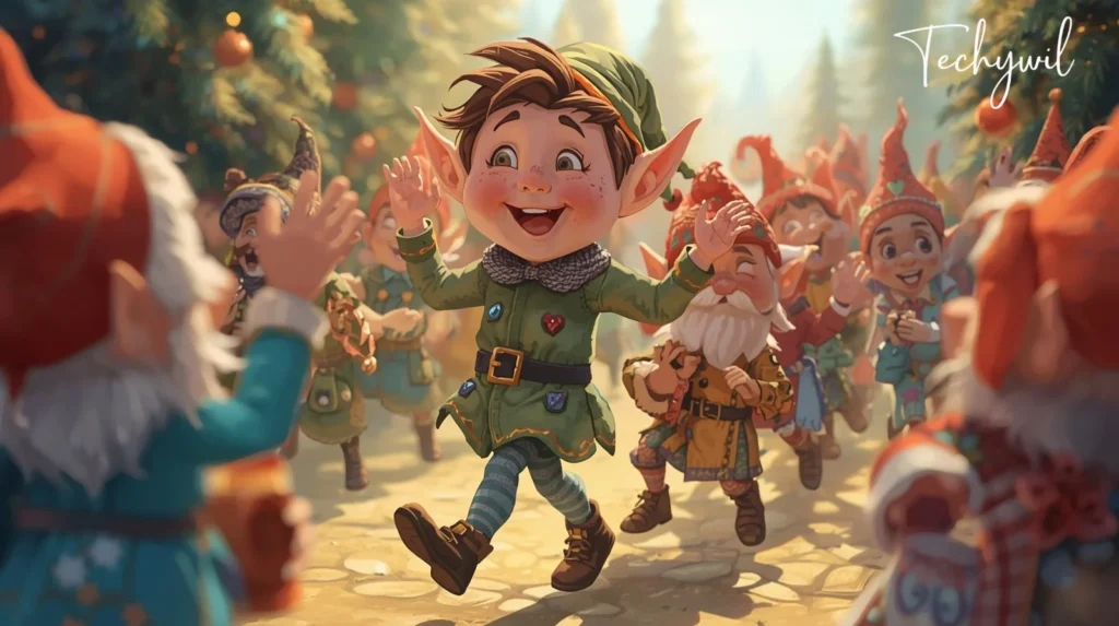 A colorful cartoon illustration featuring an elf running alongside several other elfs, all depicted in a playful and animated style. The scene conveys a sense of movement and fun among these whimsical characters.