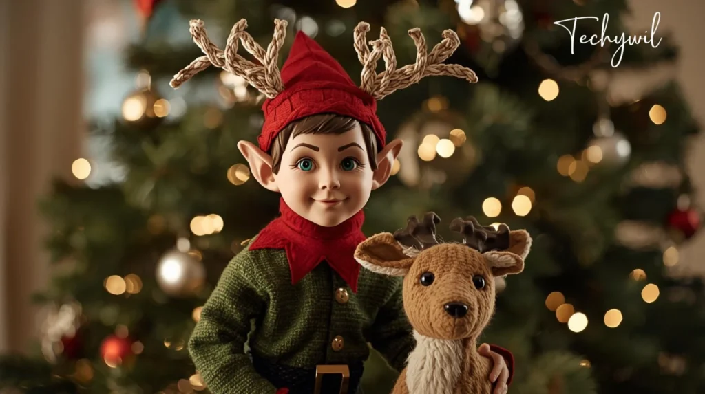 A toy elf is holding a stuffed deer in front of a decorated Christmas tree. The scene conveys a festive holiday atmosphere with vibrant ornaments and decorations.