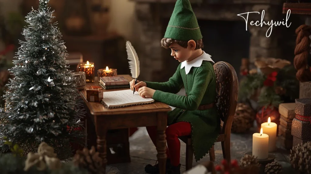 A young boy dressed in elf attire is writing in a book, surrounded by a Christmas tree and candle decorations, indoors on Christmas Eve.