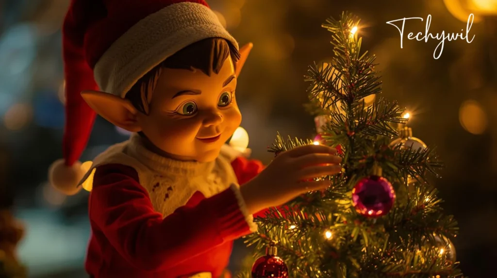 A toy elf adds decorations to a Christmas tree, surrounded by colorful lights and ornaments, capturing the festive spirit of the holiday season.
