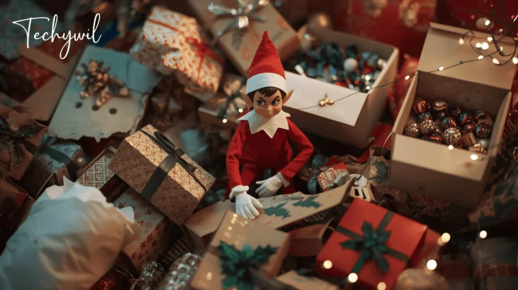 A festive scene filled with colorful wrapped gifts and holiday decorations, featuring an elf figure seated among the presents.