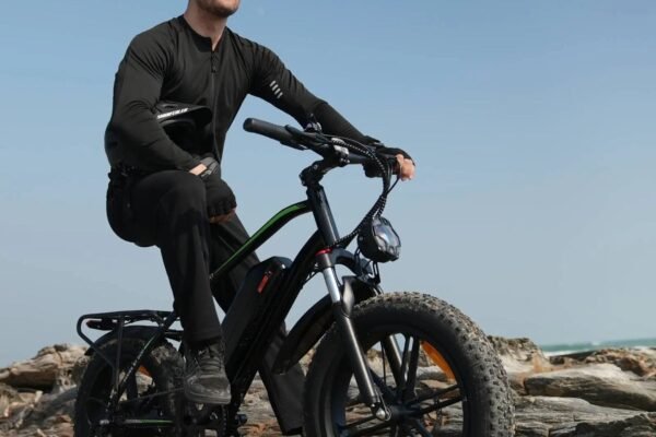 Man in Fat Tire Electric Bike sits confidently on a rugged e-bike atop rocky terrain under a clear blue sky, exuding adventure and determination.