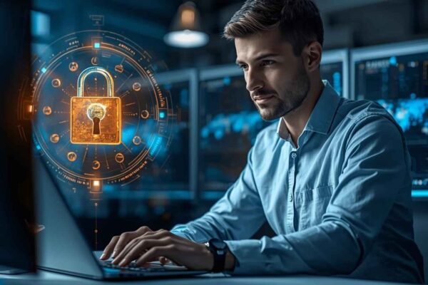 A man focused on a laptop secured with a padlock, highlighting the importance of cyber security for small and medium businesses.