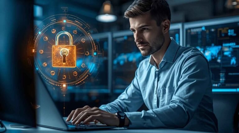 A man focused on a laptop secured with a padlock, highlighting the importance of cyber security for small and medium businesses.