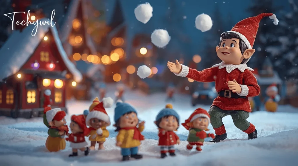 A cheerful group of gnomes, dressed in colorful winter clothing, are joyfully playing with snowballs amidst a snowy landscape with a decorated Christmas tree in the background.