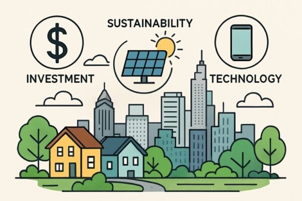 Flat line illustration of a cityscape showcasing solar energy technology and investment trends in real estate sustainability