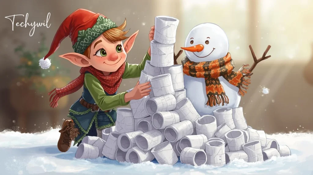 A cheerful elf and a snowman play in a snowy setting, building a tower of white cups. Warm tones and festive details enhance the scene.