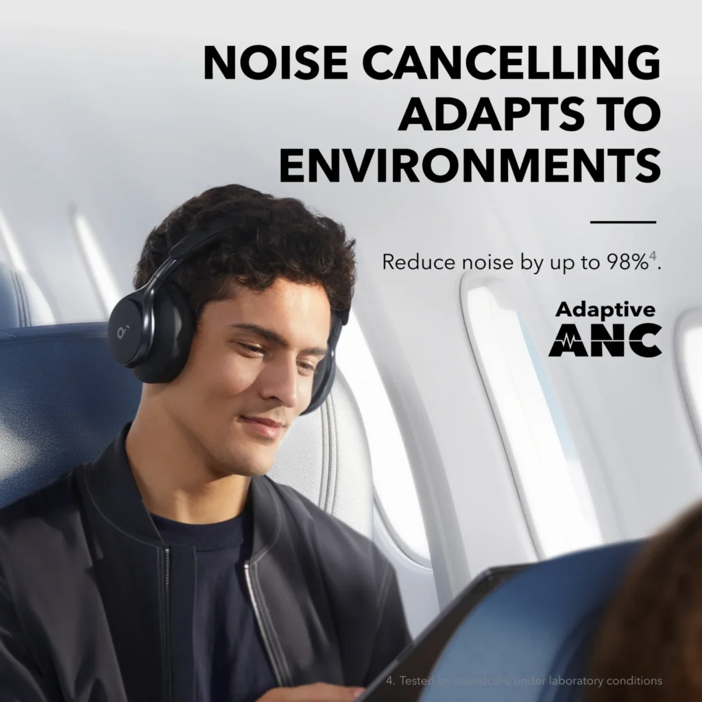 Adaptive ANC technology in headphones, offering noise reduction of up to 98%, perfect for focused listening in noisy environments like flights
