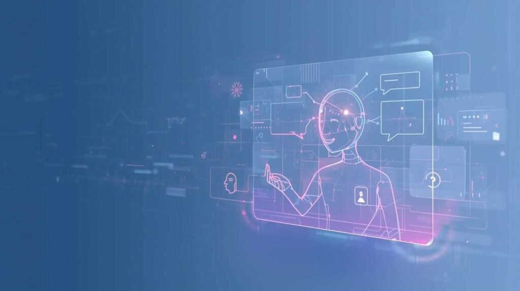 Futuristic AI Chat interface showing a digital assistant interacting through holographic data panels and conversational UI