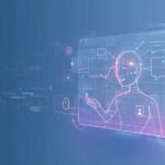 Futuristic AI Chat interface showing a digital assistant interacting through holographic data panels and conversational UI