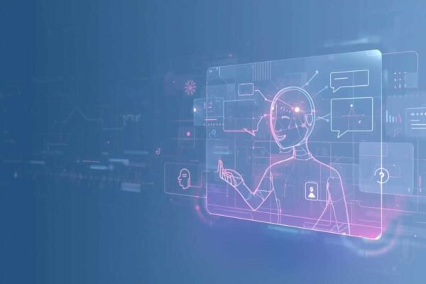 Futuristic AI Chat interface showing a digital assistant interacting through holographic data panels and conversational UI