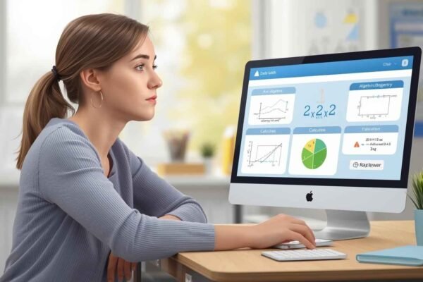 Student using a computer to access AI Delta Math Answers, solving algebra, calculus, and statistics problems for improved learning
