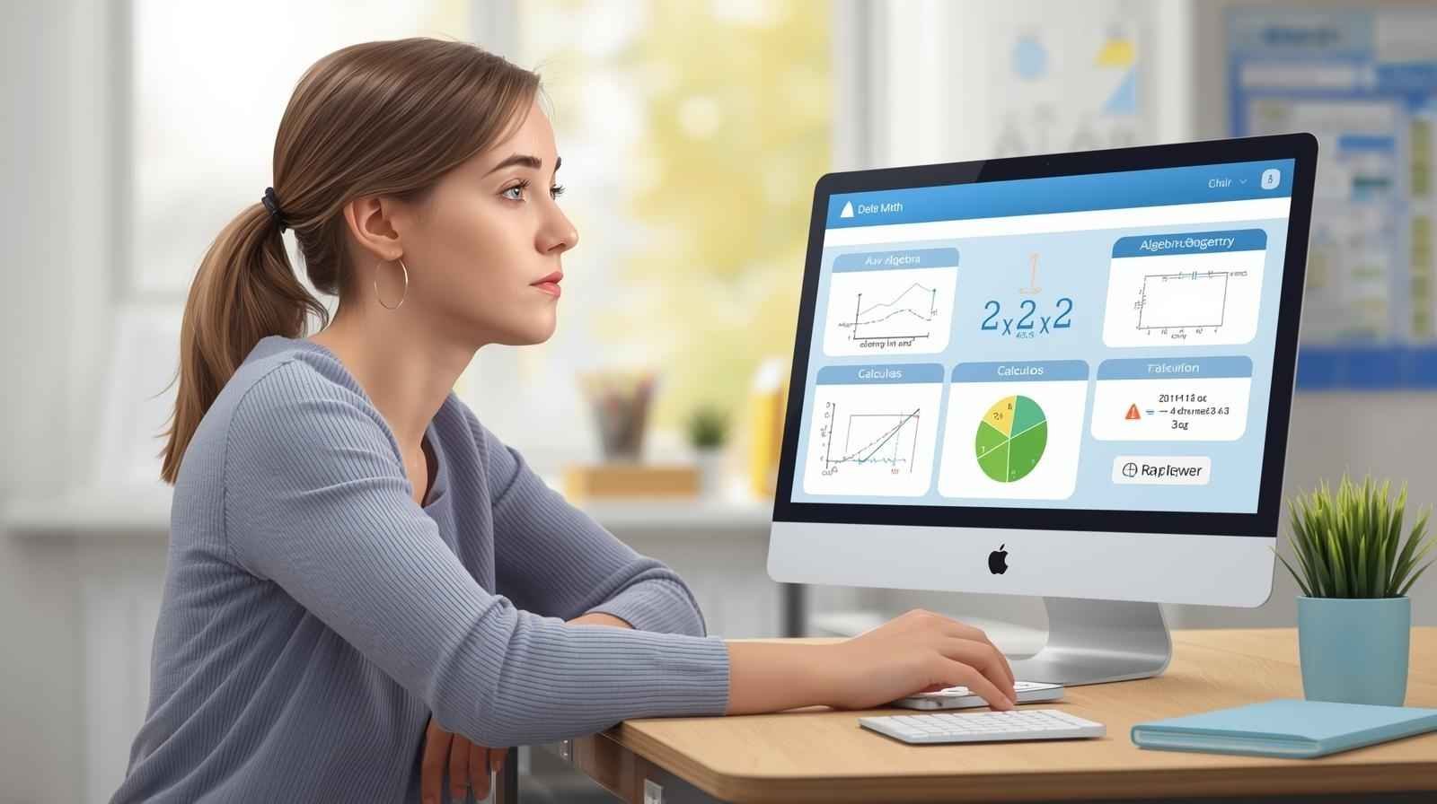 Student using a computer to access AI Delta Math Answers, solving algebra, calculus, and statistics problems for improved learning