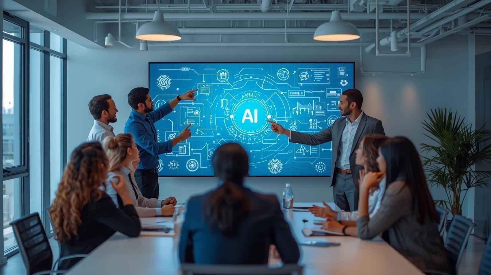 Business team discussing AI strategy vs AI tools in a meeting room, with a large AI technology display in the background