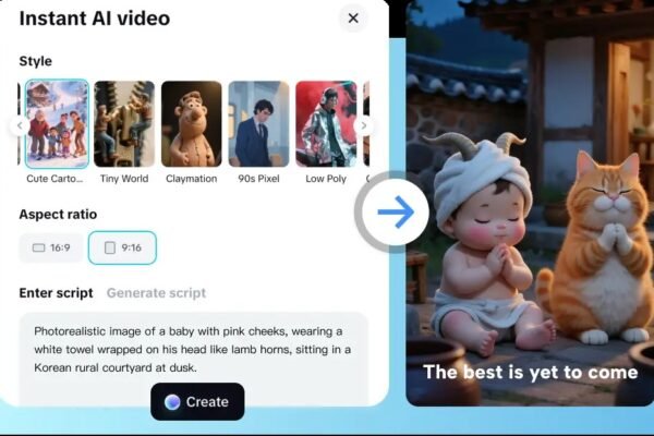 Interface of an AI video generator showing options for style, aspect ratio, and script, demonstrating how AI video and voice generators work together