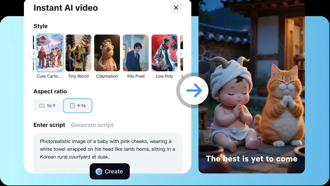 Interface of an AI video generator showing options for style, aspect ratio, and script, demonstrating how AI video and voice generators work together