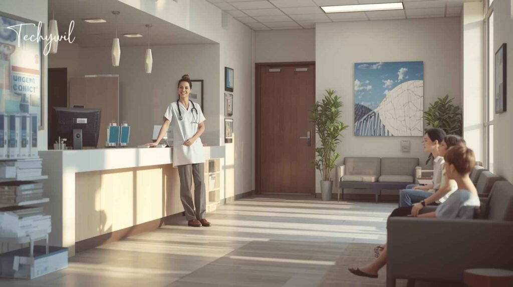 A friendly healthcare provider at the reception desk of Approxie Urgent Care, welcoming patients into a modern and calm waiting area