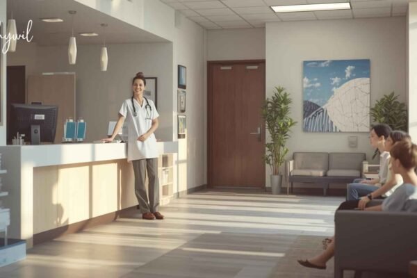 A friendly healthcare provider at the reception desk of Approxie Urgent Care, welcoming patients into a modern and calm waiting area