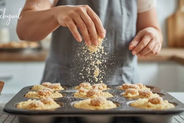 Baker sprinkling Bakels coconut drops 30g 12.5k over muffin batter, enhancing texture and flavor for a delicious result
